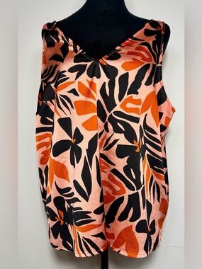 Old Navy Tropical Palm V-Neck Satin-Feel Tank Top XL Pink Orange Black